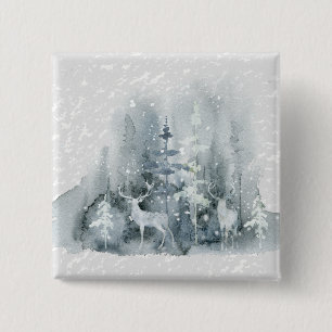 Watercolor, apparel, woodland, deer, snow, trees 2 inch square button