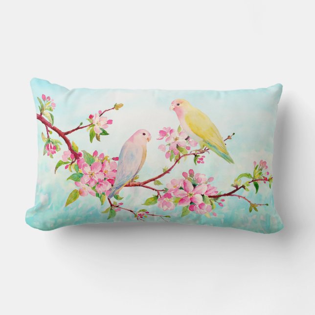 Watercolor Apple Blossoms and Love Birds Cushion (Front)