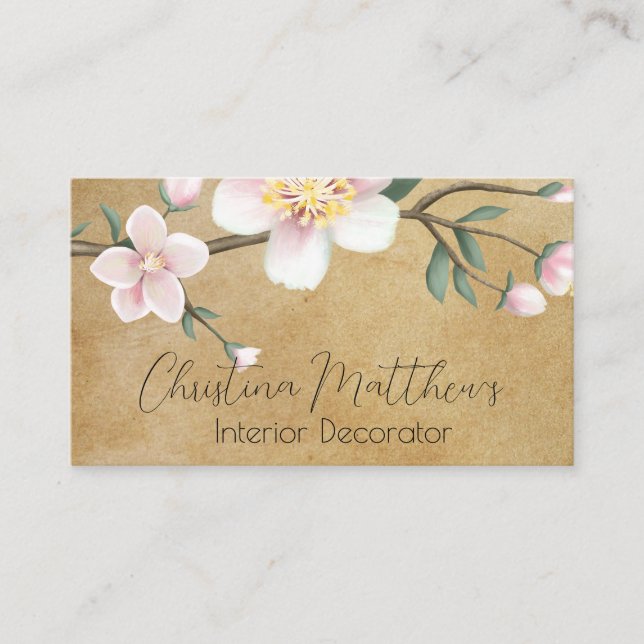 Watercolor Apple Blossoms on Rustic Parchment Business Card (Front)