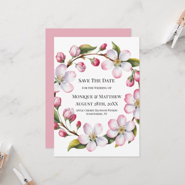 Watercolor Apple Cherry Blossom Save the Date Invitation (Front/Back In Situ)