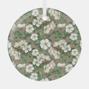 Watercolor Apple Flowers: Vintage Pattern. Glass Ornament
