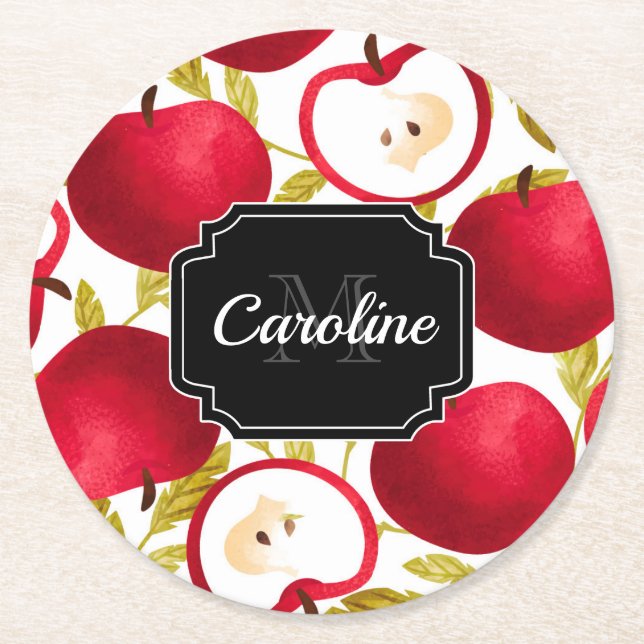 Watercolor Apple Pattern Round Paper Coaster (Front)