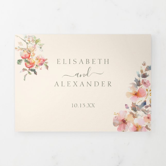 Watercolor Apples Elegant Fall Wedding Tri-Fold Announcement (Cover)