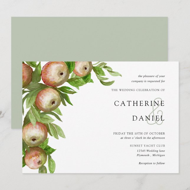 Watercolor apples with leaves horizontal wedding invitation (Front/Back)