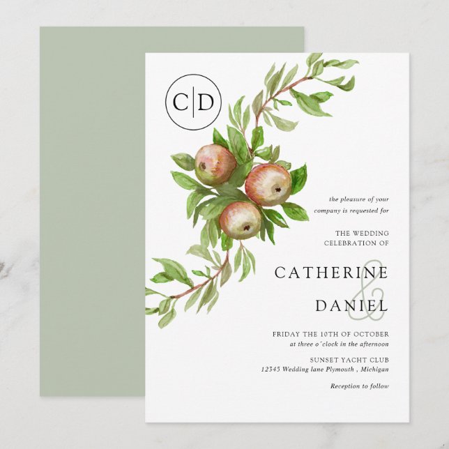 Watercolor apples with monogram wedding invitation (Front/Back)