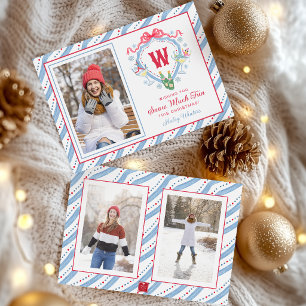 Watercolor Apres-Ski Monogram Crest Christmas Holiday Card