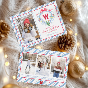 Watercolor Apres-Ski Monogram Crest Christmas Holiday Card