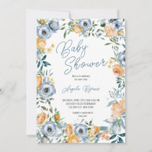 Watercolor Apricot Pastel Blue Wild Flowers Invitation