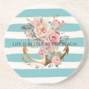 Watercolor Aqua Beach Stripes Floral Anchor Coaster