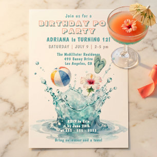 Watercolor Aqua Blue Splash Beach Ball Pool Party Invitation