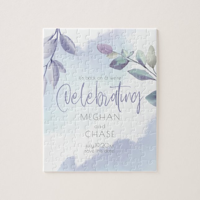 Watercolor Aqua Lilac Leaves Save the Date Jigsaw Puzzle (Vertical)