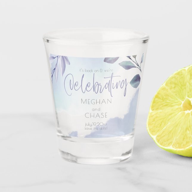 Watercolor Aqua Lilac Leaves Save the Date Shot Glass (Front)