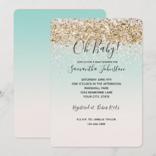 Watercolor Aqua Ombre gold confetti white glitter Invitation