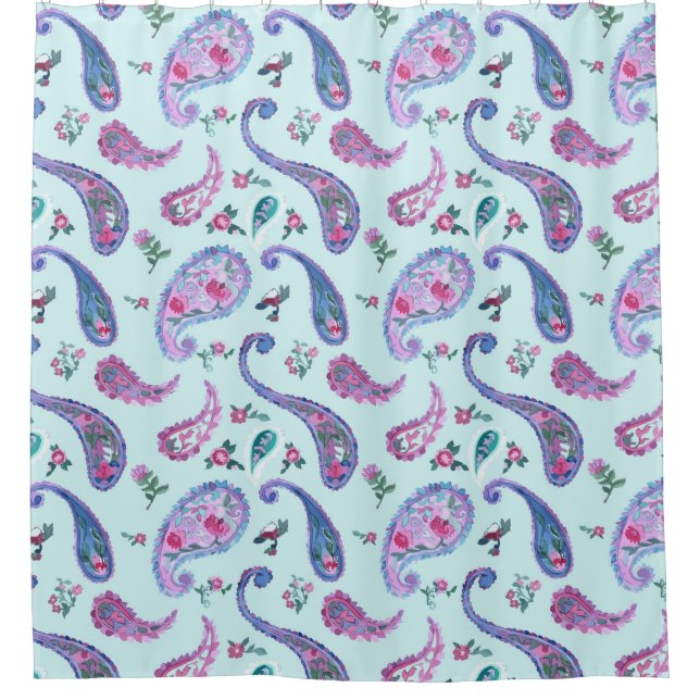 Watercolor Aqua Paisley Lavender Shower Curtain (Front)