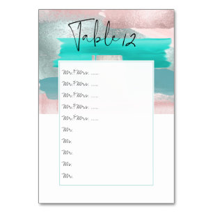Watercolor Aqua Pink Teal Table Nos. pin to board Number