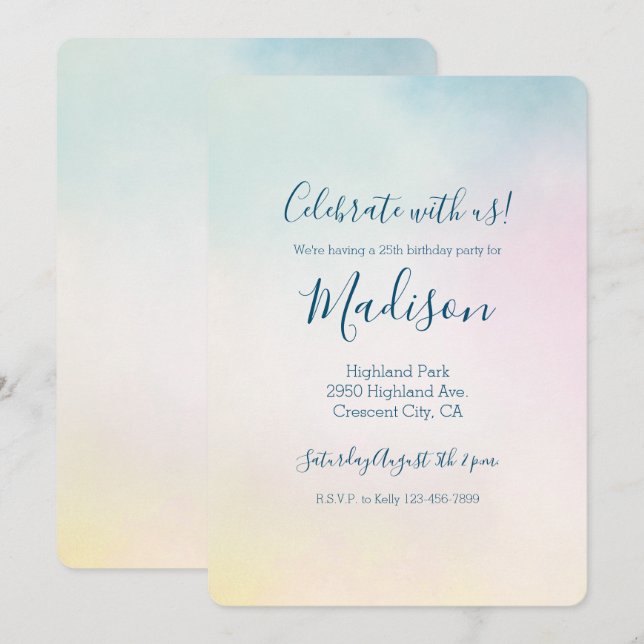 Watercolor Aqua Pink Yellow Tie Dye Ombre Invitation (Front/Back)