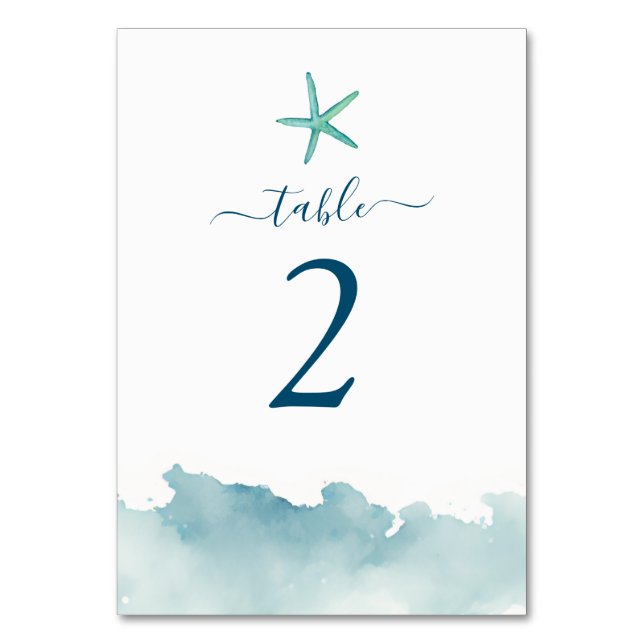 Watercolor Aqua Starfish & Water Table Number (Front)