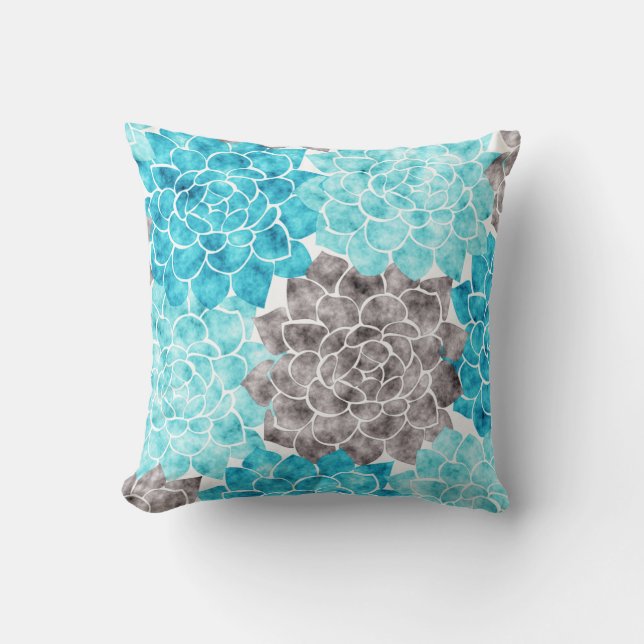 Watercolor Aqua Teal Graphite Grey Flower Collage Throw Pillow (Front)