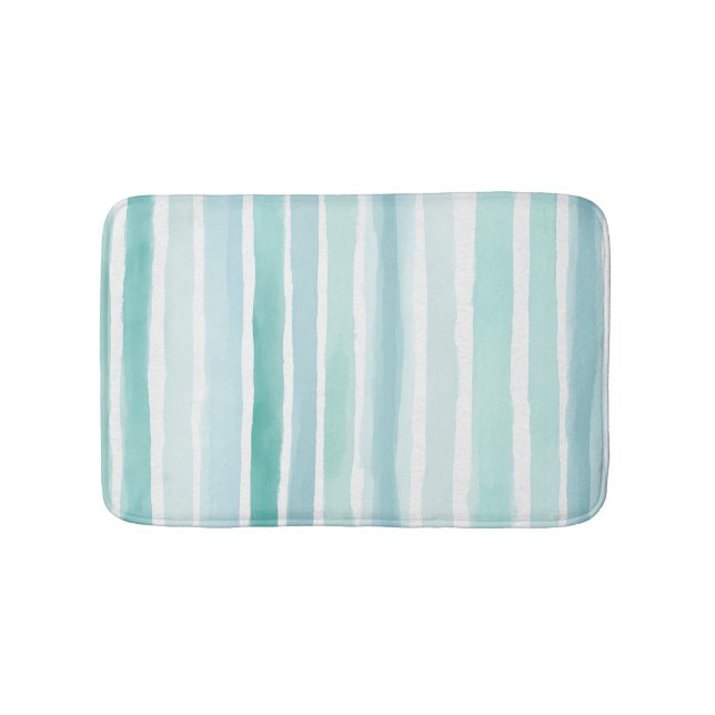 Watercolor Aqua Vertical Stripe Pattern Coastal  Bath Mat (Front)