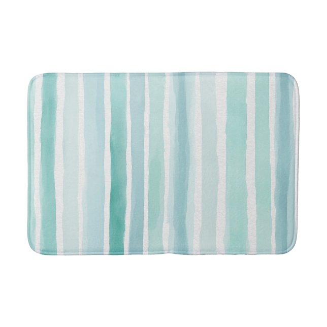 Watercolor Aqua Vertical Stripe Pattern Coastal  Bath Mat (Front)