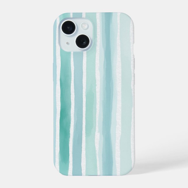 Watercolor Aqua Vertical Stripe Pattern Coastal  iPhone 15 Case (Back)