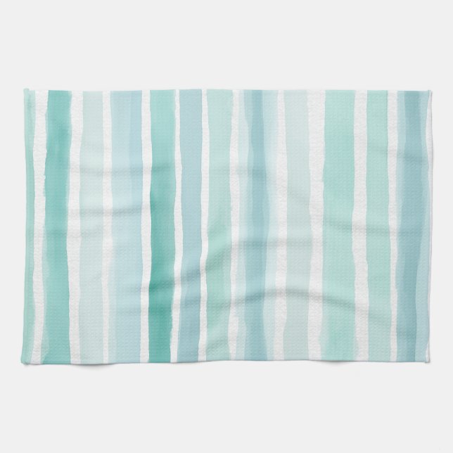 Watercolor Aqua Vertical Stripe Pattern Coastal  Kitchen Towel (Horizontal)