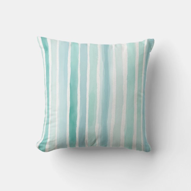 Watercolor Aqua Vertical Stripe Pattern Coastal  Throw Pillow (Front)