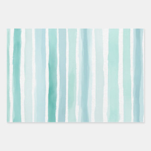 Watercolor Aqua Vertical Stripe Pattern Coastal  Wrapping Paper Sheet