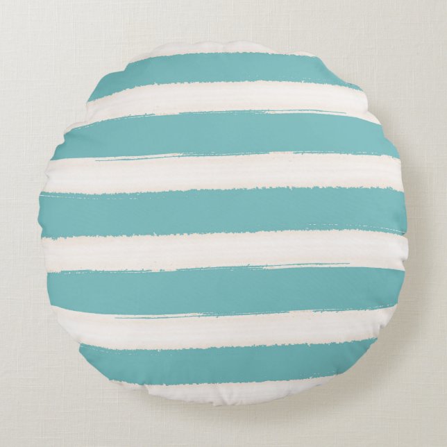 Watercolor Aqua White Beach Stripes Round Pillow (Front)