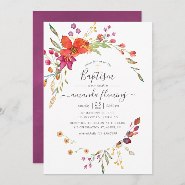 Watercolor Aquarelle Wild Flower Baptism Invitation (Front/Back)