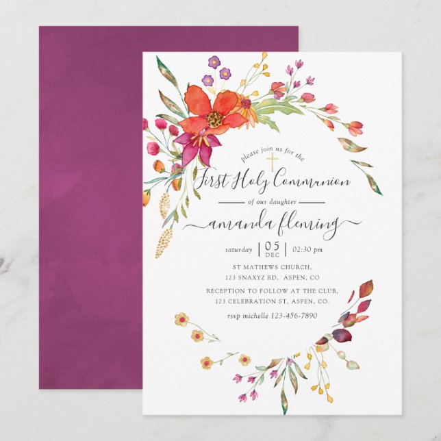 Watercolor Aquarelle Wild Flower Holy Communion Invitation (Front/Back)