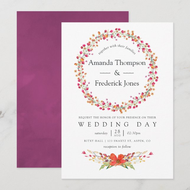 Watercolor Aquarelle Wild Flower Wedding Invitation (Front/Back)