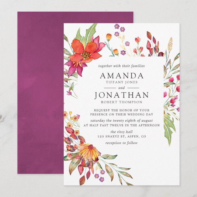 Watercolor Aquarelle Wild Flower Wedding Invitation (Front/Back)