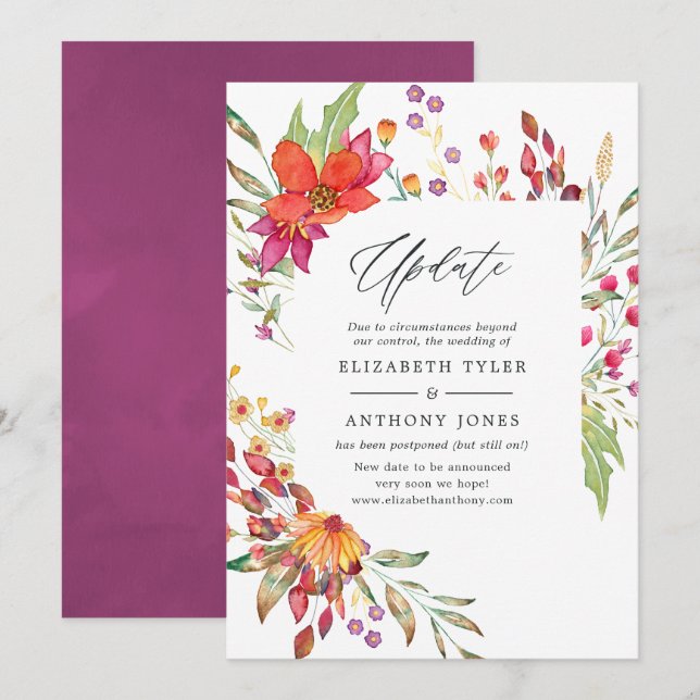 Watercolor Aquarelle Wild Flower Wedding Update Invitation (Front/Back)