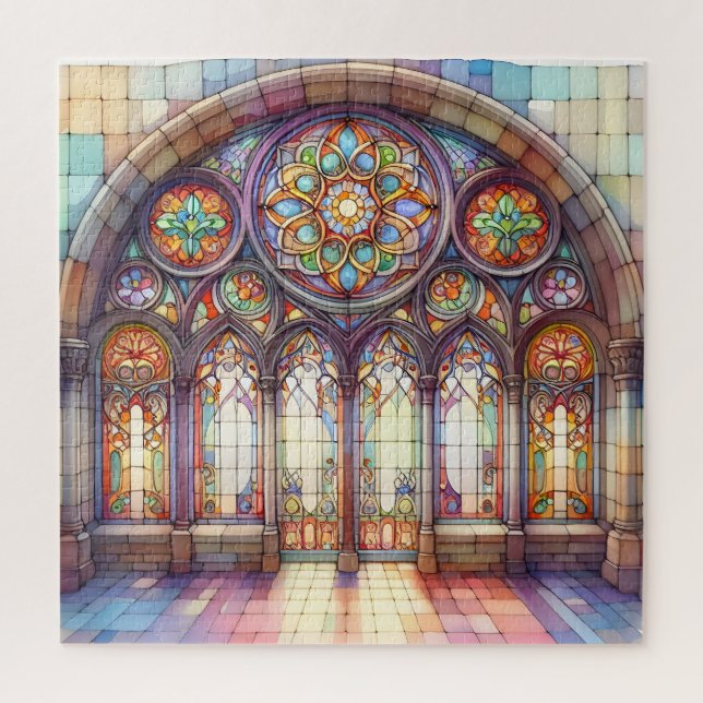Watercolor Arch Cathedral glass soft yellow blue  Jigsaw Puzzle (Vertical)
