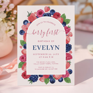 Watercolor Arch Fruit Berry First Birthday Invitation