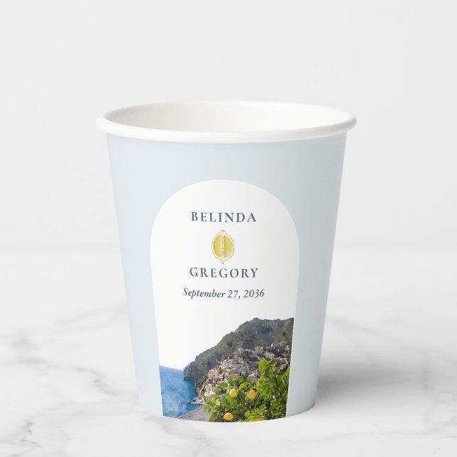 Watercolor Arch Italy Lemons Positano Wedding Paper Cups (Front)
