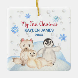 Watercolor Arctic Animals Baby 1st First Christmas Ceramic Ornament