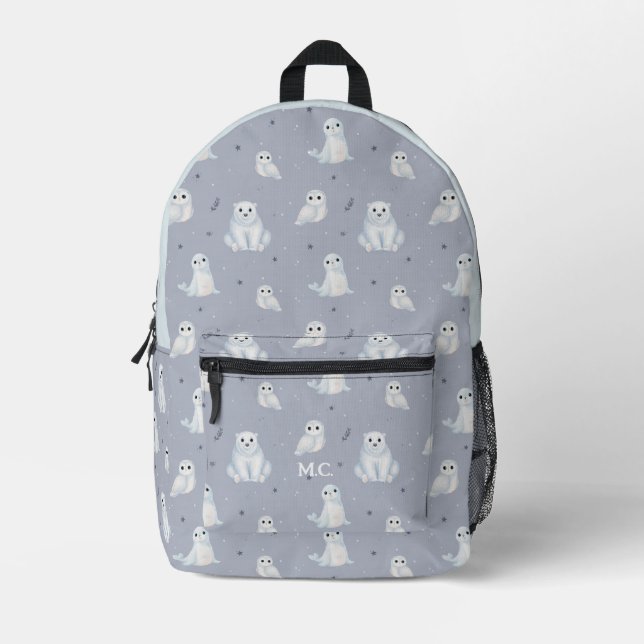 Watercolor Arctic Animals Blue Monogram Kids Printed Backpack (Front)