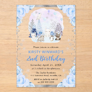 Watercolor Arctic Animals Floral 2nd Birthday Acrylic Invitations