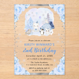 Watercolor Arctic Animals Floral 2nd Birthday Acrylic Invitations