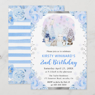 Watercolor Arctic Animals Floral 2nd Birthday Invitation