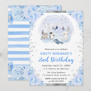 Watercolor Arctic Animals Floral 2nd Birthday Invitation