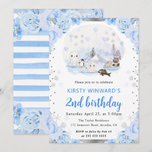 Watercolor Arctic Animals Floral 2nd Birthday Invitation