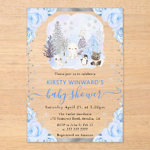 Watercolor Arctic Animals Floral Baby Shower Acrylic Invitations