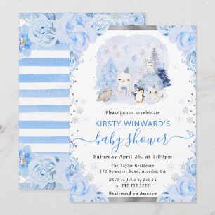 Watercolor Arctic Animals Floral Baby Shower Invitation