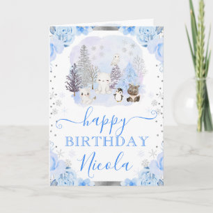 Watercolor Arctic Animals Floral Birthday Card