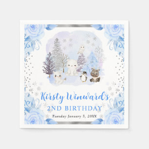 Watercolor Arctic Animals Floral Kids Birthday Napkin
