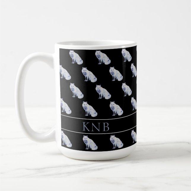 Watercolor Arctic Fox Christmas Pattern Monogram Coffee Mug (Left)