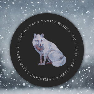 Watercolor Arctic Fox Merry Christmas Family Name Classic Round Sticker